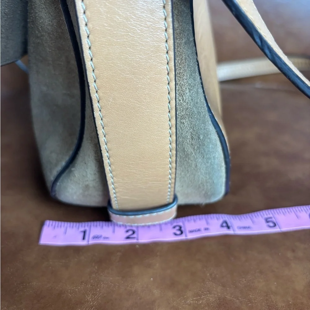 Michael Kors Romy Medium Suede Satchel Crossbody Bag Taupe Tan Leather